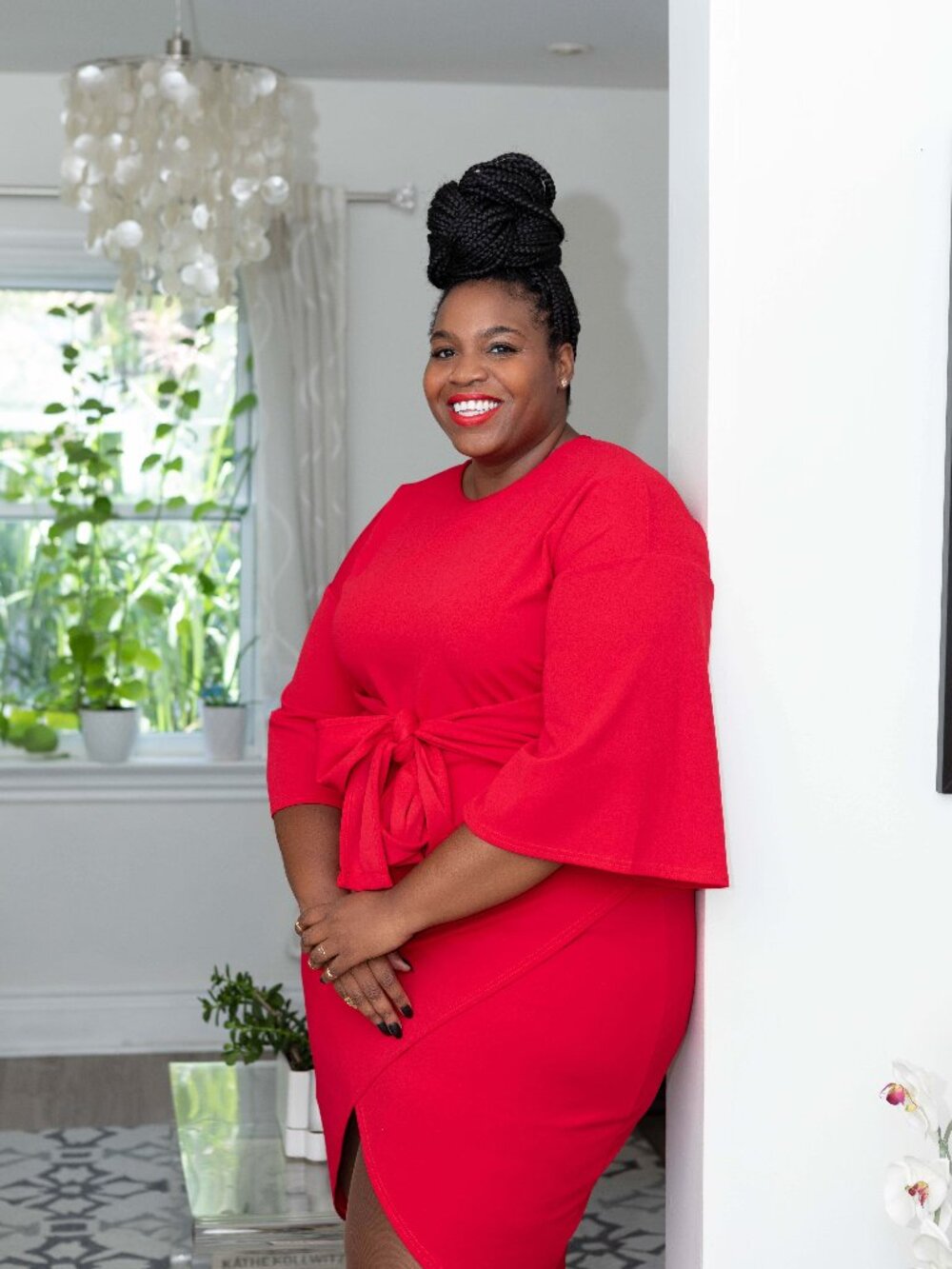 Boohoo Plus Red Tie-Waist Bell Sleeve Wrap Midi Dress